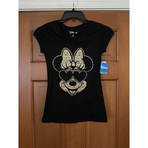 Disney Girls Minney Mouse Black & Gold Glitter Short Sleeve T-Shirt Size Small